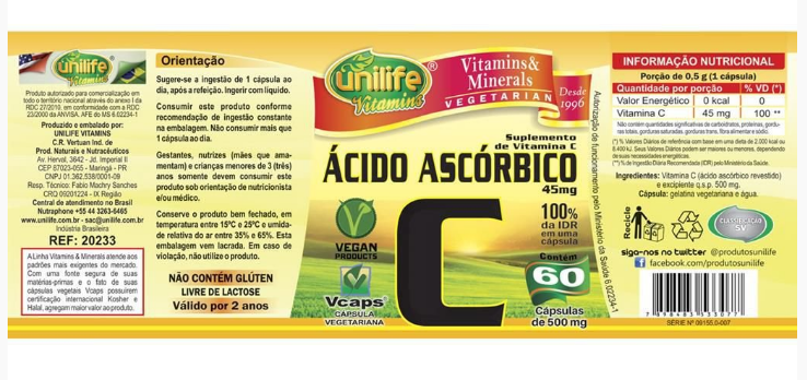 VITAMINA C ÁCIDO ASCÓRBICO 60 CÁPSULAS UNILIFE02